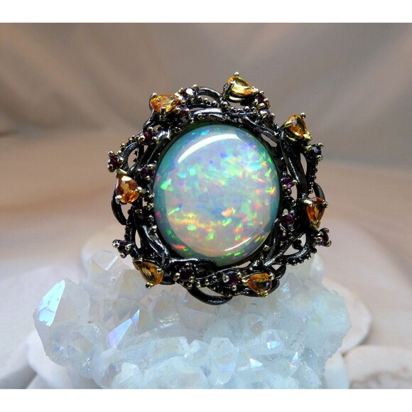 HUGE 17CT Ethiopian Welo Opal Citrine Sterling Silver Ring SZ 8 OOAK Statement - Picture 1 of 11
